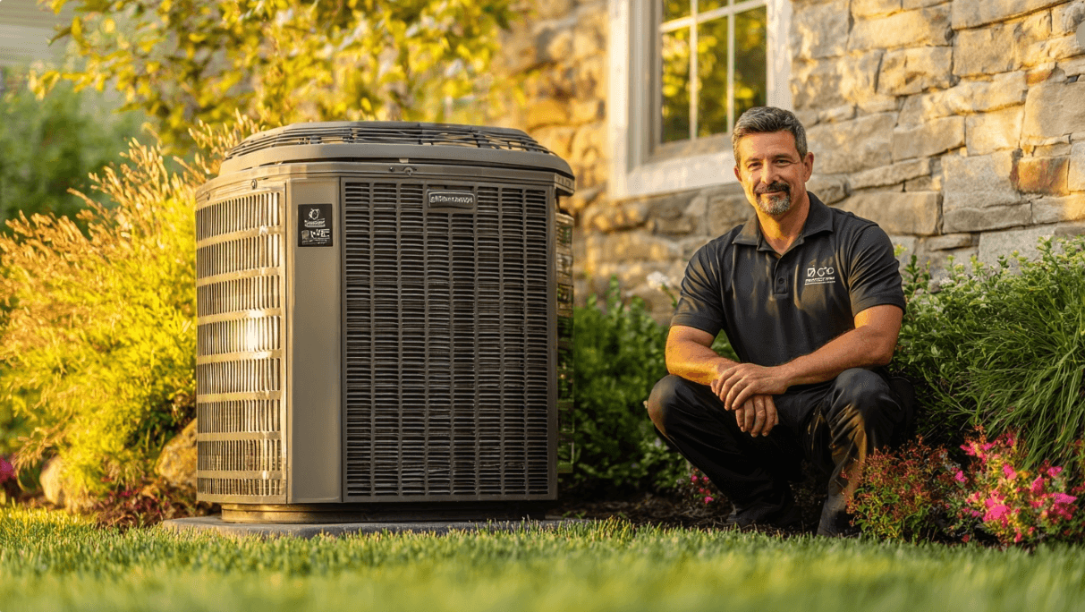 air conditioning technician crouched next to cooling unit after fixing it air conditioning technician crouched next to cooling unit after fixing it